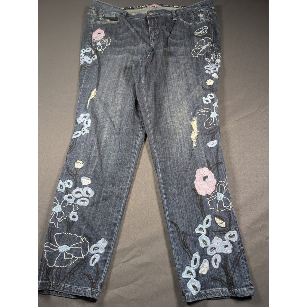 Laurie Felt Los Angeles Floral Embroidered Slim Leg Jeans Blue 18W Distressed